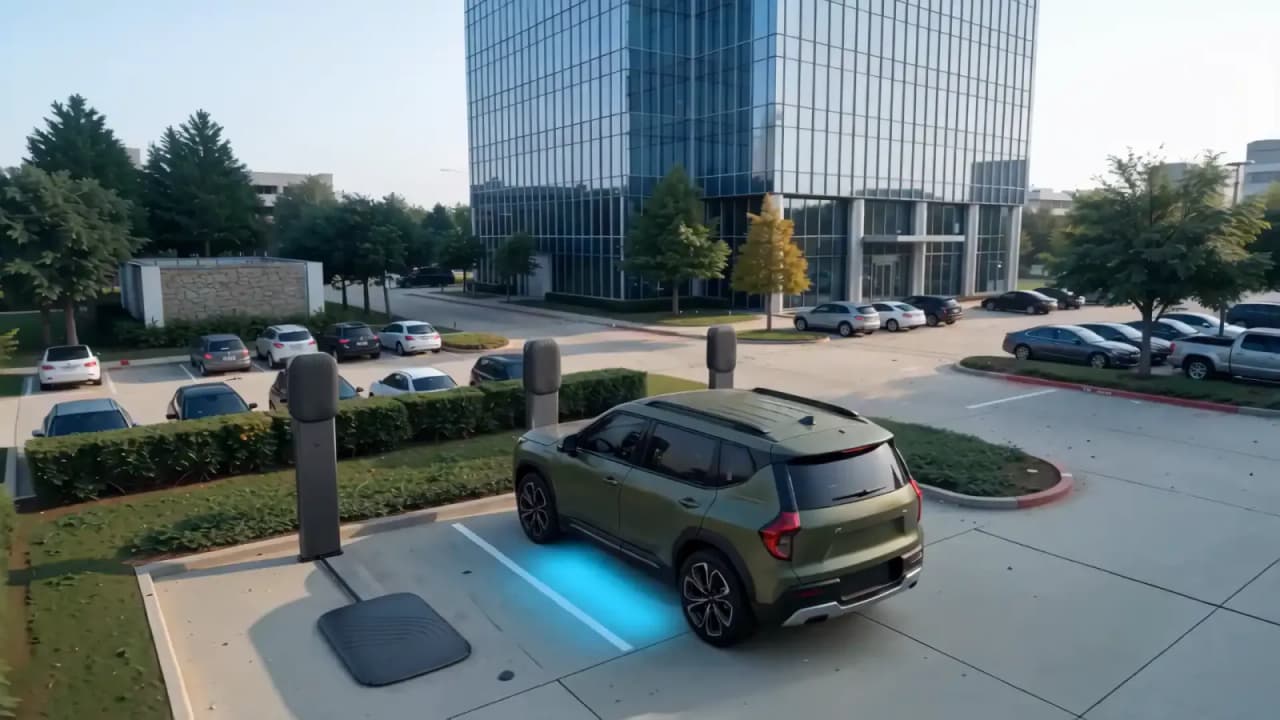 An electric vehicle parked over a wireless charging pad in a parking lot.