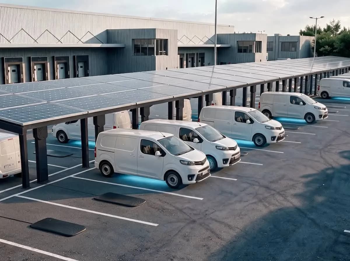 A row of white electric vans parked over wireless charging pads under a solar panel canopy.