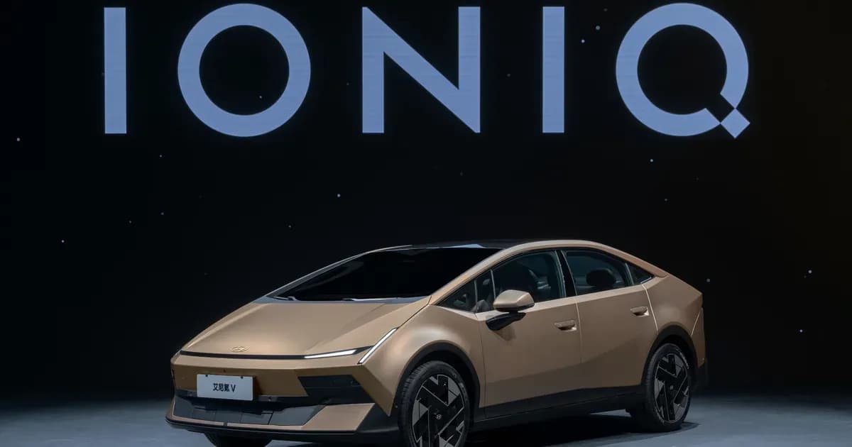 Hyundai Ioniq V electric sedan displayed at an event
