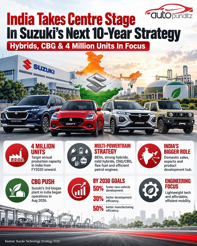 A lineup of Suzuki vehicles including Grand Vitara, Swift, and Jimny in front of a Suzuki facility.